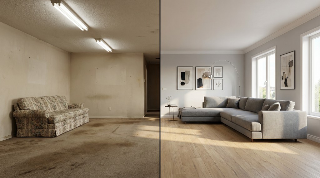 Transformacja salonu - przed i po AI staging